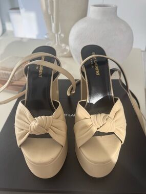 Saint Laurent Cream Knotted Leather Platform Sandals